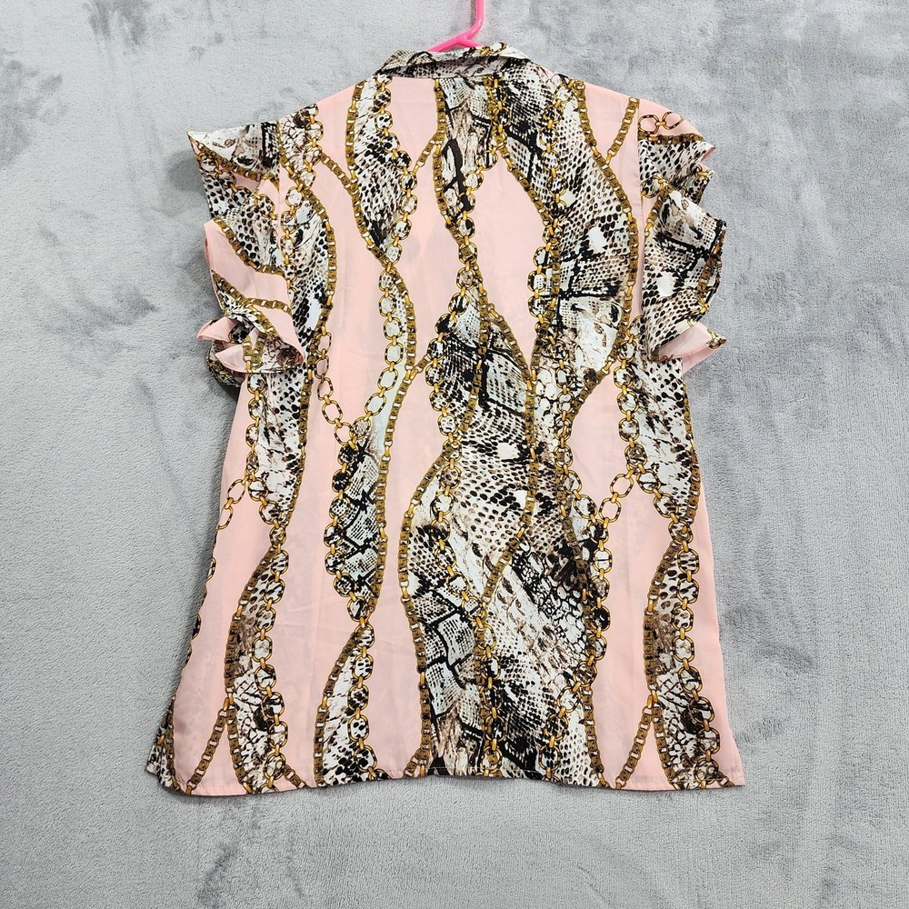 NEW Ovi Top Womens M Pink Animal Chain Print High Neck Flutter Sleeve Office - Picture 5 of 11